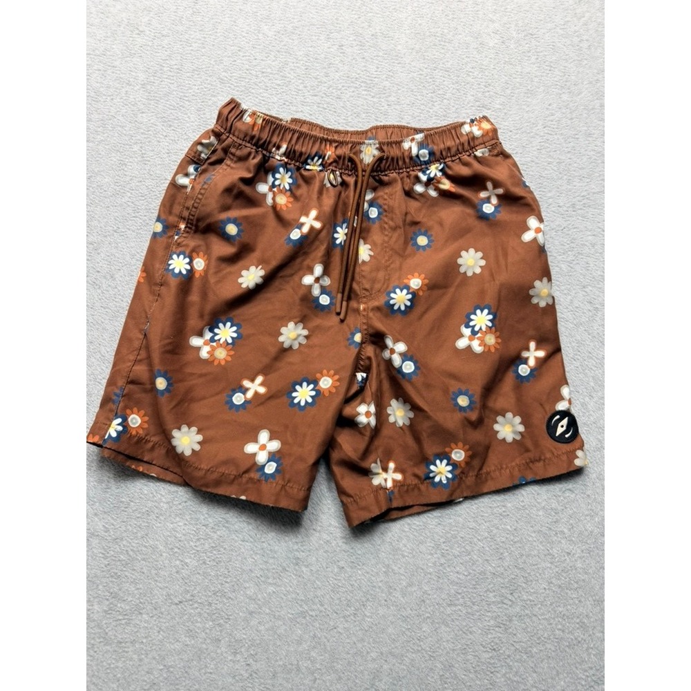 Dravus Mens Brown Daisy Floral Print Swim Trunks Shorts Size Small